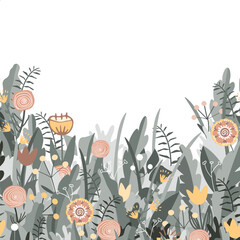 Fairy flowers border in Scandinavian folk style, vector pattern. Doodle flower meadow background. Design for cards, wallpaper, craft packaging. © Toltemara