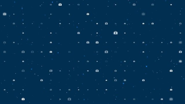 Template animation of evenly spaced first aid symbols of different sizes and opacity. Animation of transparency and size. Seamless looped 4k animation on dark blue background with stars