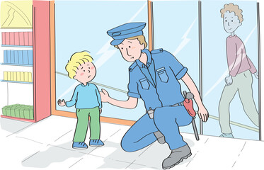 Little boy lost in the shopping mall. The missing child speaks to the police.