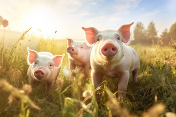 Cute pigs eating on a meadow in an organic meat farm. Pigs eating on a meadow in an organic meat farm.
