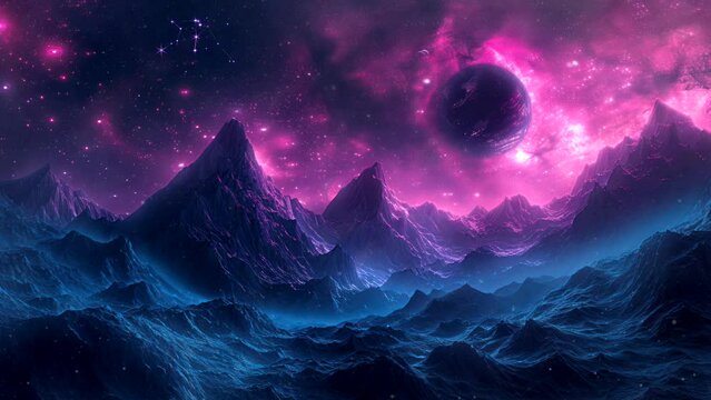 view of the planet with mountains and purple sky. seamless looping time-lapse virtual 4k video animation background.