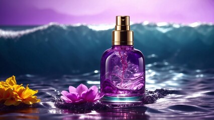 Obraz na płótnie Canvas perfume with purple tropical flowers on sea waves backdrop, advertising banner