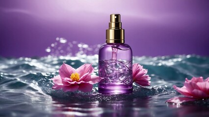 Obraz na płótnie Canvas bottle of perfume with purple tropical flowers in sea waves, advertising concept
