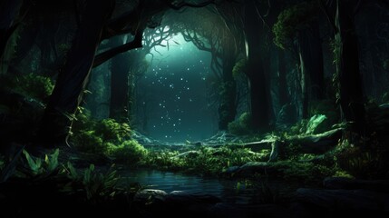 Enchanted forest pathway with mystical light and floating particles. Fantasy setting.