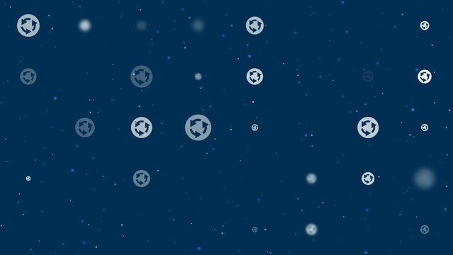 Template animation of evenly spaced roundabout signs of different sizes and opacity. Animation of transparency and size. Seamless looped 4k animation on dark blue background with stars