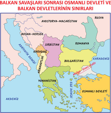 Turkish history, Balkan and Ottoman borders map drawing after the Balkan wars. Translate: Austria-Hungary, bosnia and herzegovina, adriatic sea, albania, greece, mediterranean, russia, romania...