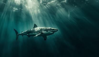 Naklejka premium Ocean, sea and shark swimming underwater in clear water for tourism, holiday adventure and travel. Blue, detailed and beautiful scene of wildlife in their habitat for environment and eco system