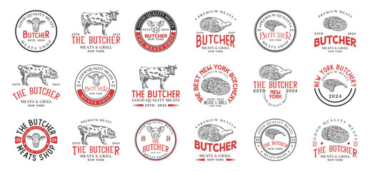 Butchery logo templates vintage bundle. Butchery shop logo ornament vector design elements set. Emblem of Butcher meat shop collection - obrazy, fototapety, plakaty