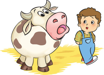 Cow and cute child. Little boy imitating the sound of a cow.