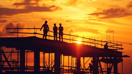 The silhouette of the construction workers in the construction site is very beautiful sunset.