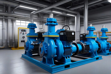 Industrial interior of water pump, valves, pressure gauges, motors inside engine room. Industry pumps in an technical room. Urban modern powerful pipelines, automatic control systems. Copy text space - obrazy, fototapety, plakaty