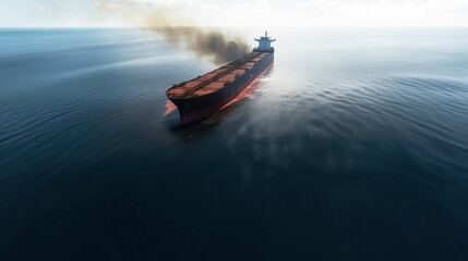 Ecological disaster, oil spill in ocean near tanker, top view. Commercial delivery. AI generated.
