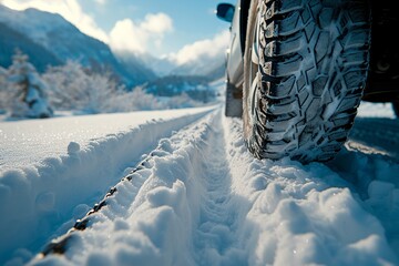 A gripping display of car tires with snow chains plowing through deep snow, showing off their traction and control in a challenging snowy terrain captured by a professiona - obrazy, fototapety, plakaty