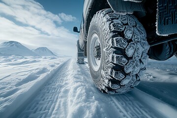A gripping display of car tires with snow chains plowing through deep snow, showing off their traction and control in a challenging snowy terrain captured by a professional - obrazy, fototapety, plakaty