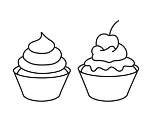 Cake with cream, cherry. Cupcake. Dessert. Black and white vector illustration, icon, coloring page.