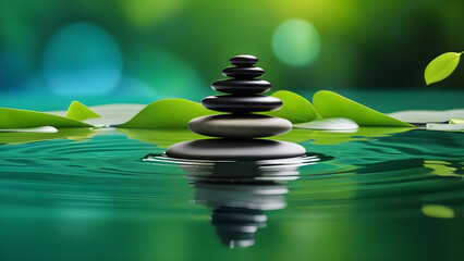 Zen stones pyramid on the water surface with green leaves over it