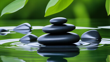 Zen stones pyramid on the water surface with green leaves over it