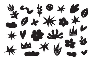 Abstract elements set. Star, flower, leaf, cloud, crown shapes. Hand drawn doodle vector illustration.
