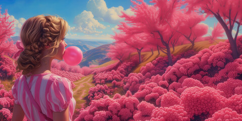 A young girl blowing and popping a pink bubblegum in a fantasy land of sugary sweets