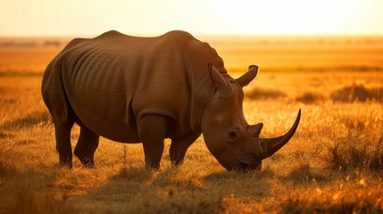 Fotobehang Radiant Rhino: Majestic Creature Grazing at Sunset AI Generated. © Demo