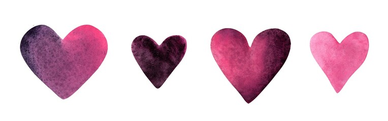 Dark violet Hearts watercolor hand drawn on white background. Watercolor stains in dust color. Pigment granulating sediment on paper textural effects 