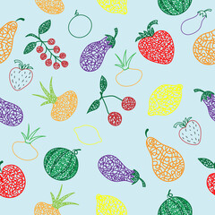 Seamless pattern with hand drawn watermelon, cherry, apple, pear, lemon, strawberry, eggplant, currant, onion on blue background in childrens naive style.