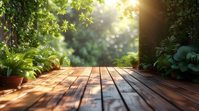Empty wooden terrace with green wall 3d render,There are wood plank floor with tropical style tree garden background sunlight shine on the tree