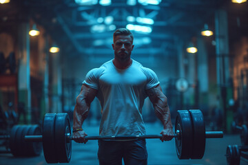 A strong man in a gym blue light