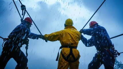 Three male workers help each other pull sling in the midst of bad weather.