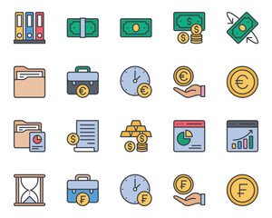 Filled color outline icons set for Banking and Finance.