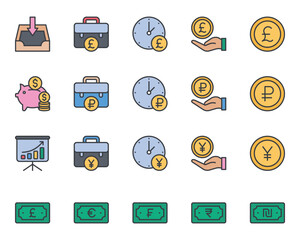 Filled color outline icons set for Banking and Finance.