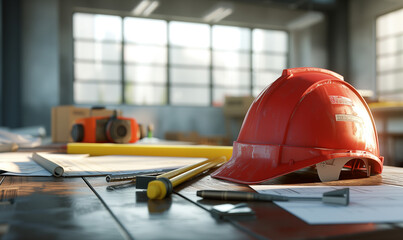 Fototapeta premium Red hard safety helmet hat, on table at office worker conference location with copy space. Engineering tools concept
