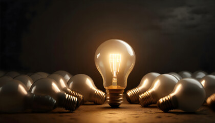 One of Lightbulb glowing among shutdown light bulb in dark area with copy space for creative thinking , problem solving solution - obrazy, fototapety, plakaty