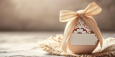 Fototapeta na wymiar Easter egg adorned with a decorative bow and featuring a blank label, ready for your personal touch.