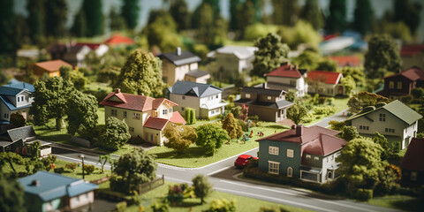 Fototapeta na wymiar Tiny Urban Wonderland. Modern Suburb Model in Tilted Perspective