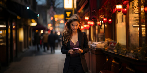 Obraz na płótnie Canvas young caucasian woman using her smartphone in a city street at night - use of smartphones and social media concept
