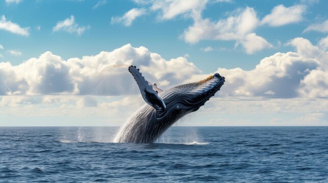 Fototapeta Magnificent Humpback Whale Breaching the Surface of the Deep Blue Sea AI Generated