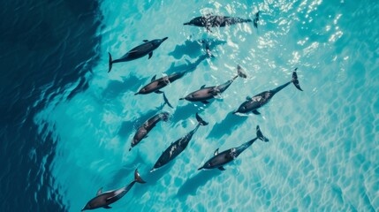 Aerial View of Dolphins Swimming in Harmony AI Generated. - obrazy, fototapety, plakaty