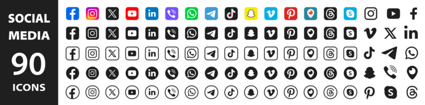 Social media logotype collection: Facebook, X, instagram, youtube, twitter, youtube, linkedin, telegram, threads vimeo. Realistic popular social icons. - stock vector editorial.