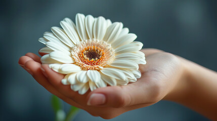 Delicate Gesture A Woman's Hand Holding a White Flower against a White Background