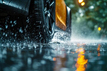 An action-packed shot of car tires handling a rainy obstacle course, highlighting their control and grip on wet surfaces, with dynamic water splashes - obrazy, fototapety, plakaty