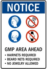 Food preparation sign GMP area ahead. Hairnets required, beard nets required, no jewelry allowed
