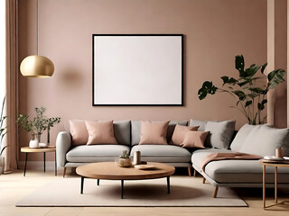 mockup poster on the wall of living room. Interior mockup. Apartment background. Modern Japandi interior design. generative AI