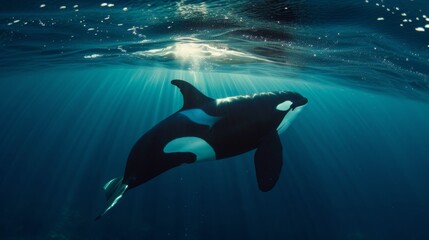 Majestic Killer Whale Swimming in Deep Blue Ocean AI Generated.