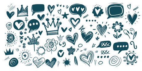 Set of abstract scribble doodles speech bubble, star, heart, crown, flower