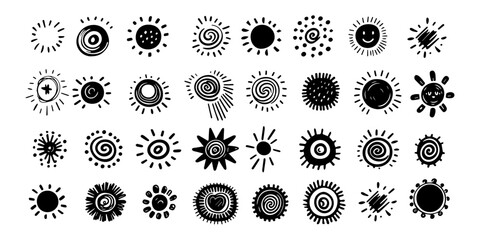 Set of abstract hand drawn scribble doodles sun
