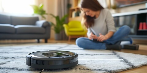 Fototapeta premium Robotic vacuum cleaner cleaning the floor in the living room.