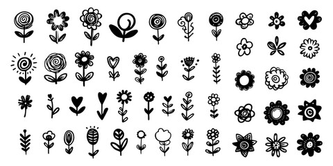 Set of hand drawn scribble doodles flowers