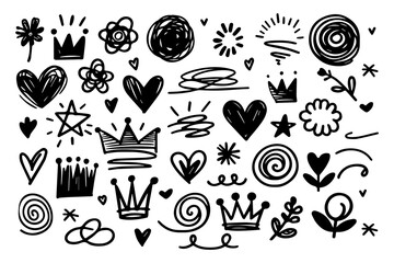 Set hand drawn scribbles star, heart, crown, flower