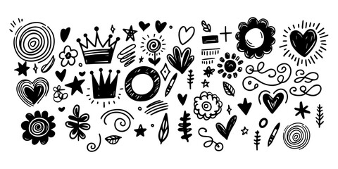 Set hand drawn scribbles element collection of star, heart, crown, flower